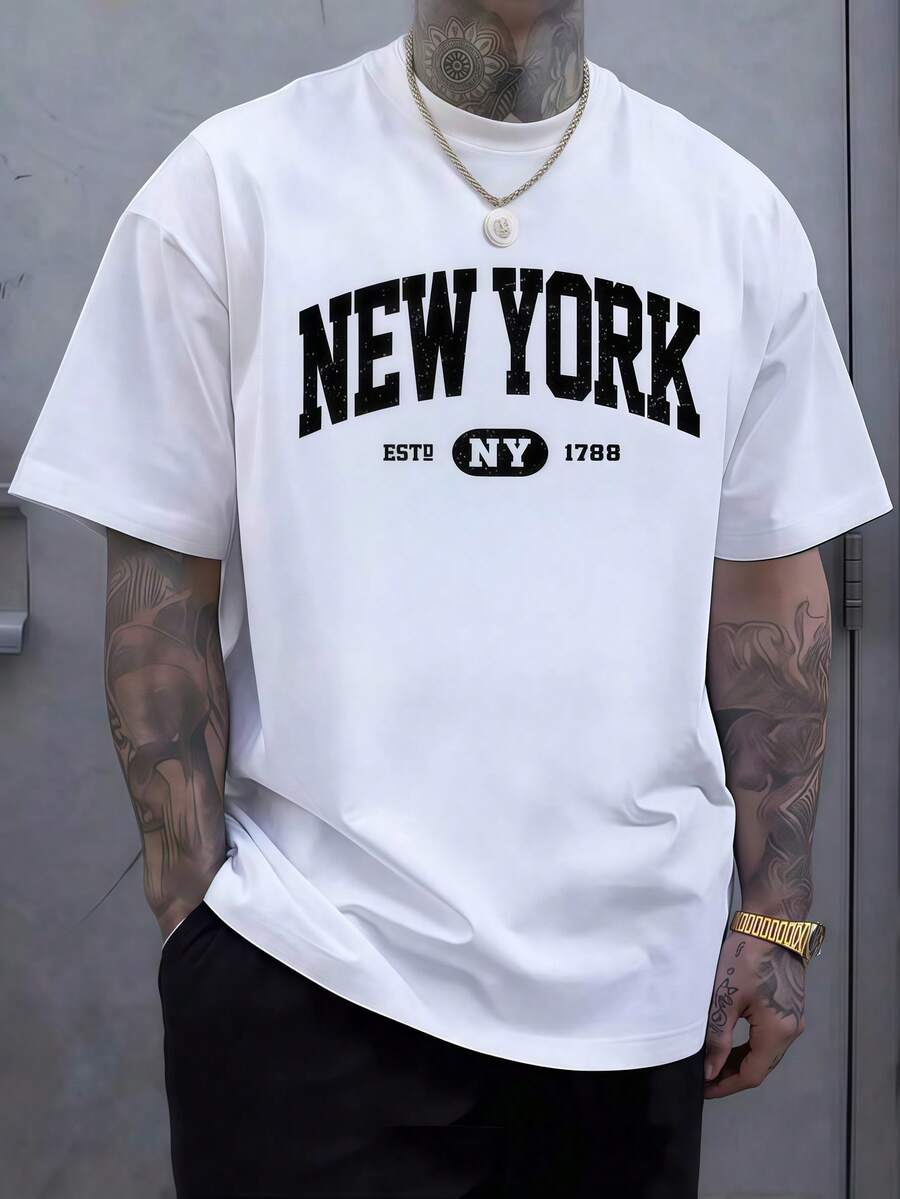 Men'S Fashion New York - قميص رجالي أبيض مطبوع عليه حروف